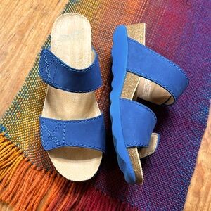 Dansko blue suede Velcro strap wedge sandals